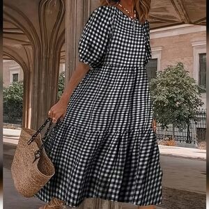 NEW Gingham Checkered Black and White Short Sleeve Tiered Dress